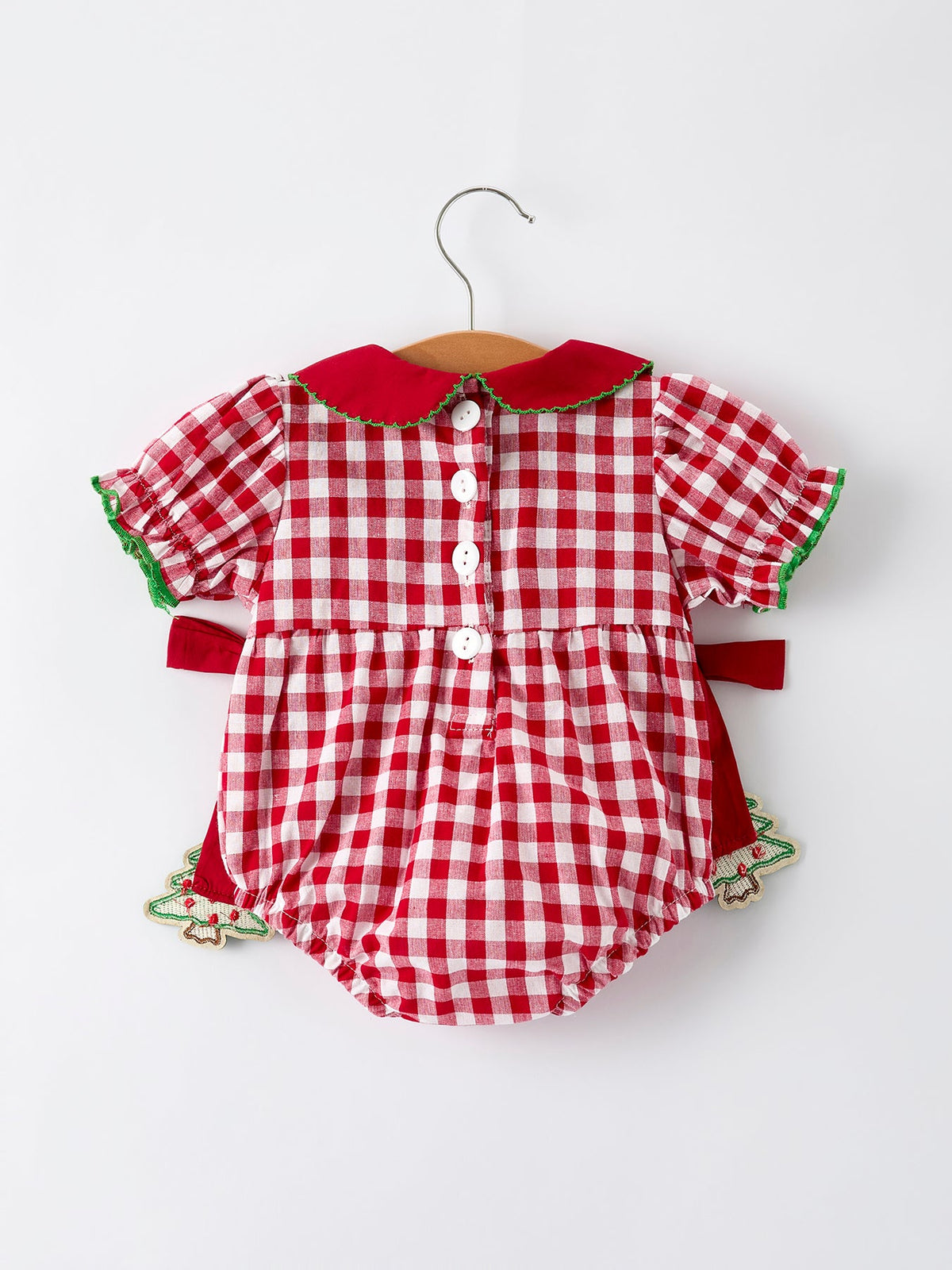 Baby Girls Christmas Outfit – Red Plaid Romper with Tree Bow Accents - Rylee Faith Designs - Flyclothing LLC