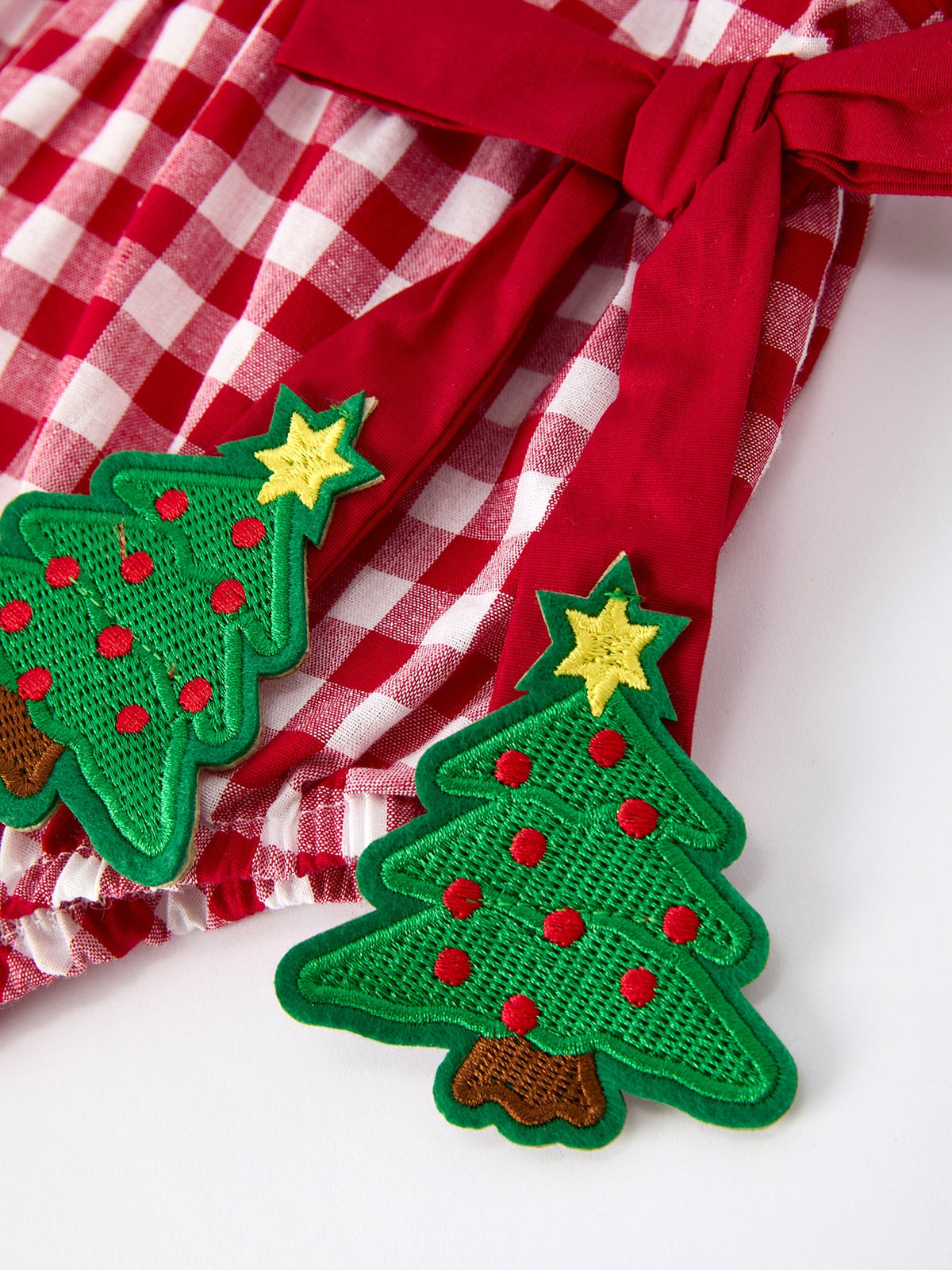 Baby Girls Christmas Outfit – Red Plaid Romper with Tree Bow Accents - Rylee Faith Designs - Flyclothing LLC