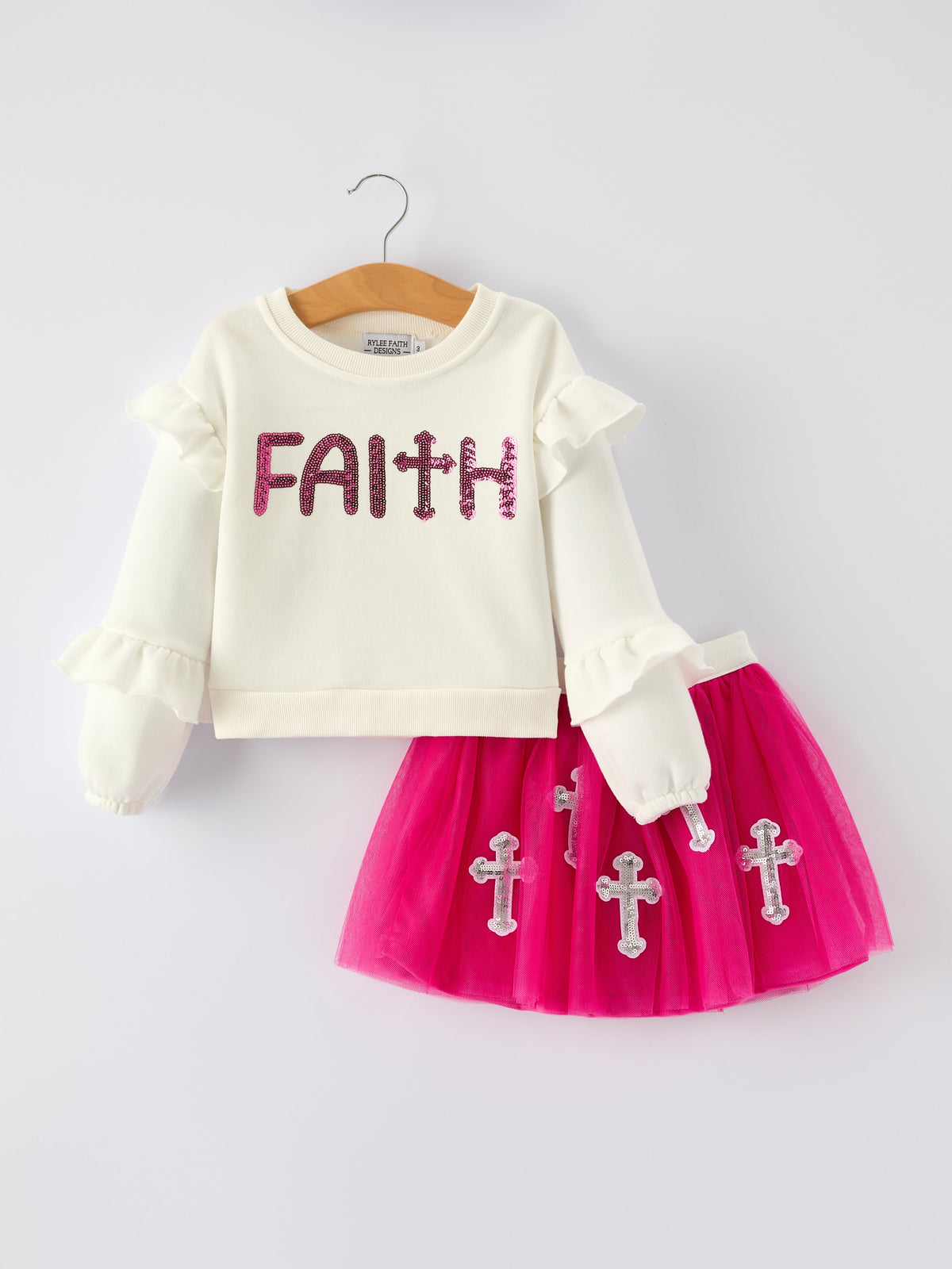 Girls Christian Outfit – Long Sleeve Faith Top & Pink Cross Mesh Skirt - Rylee Faith Designs - Flyclothing LLC
