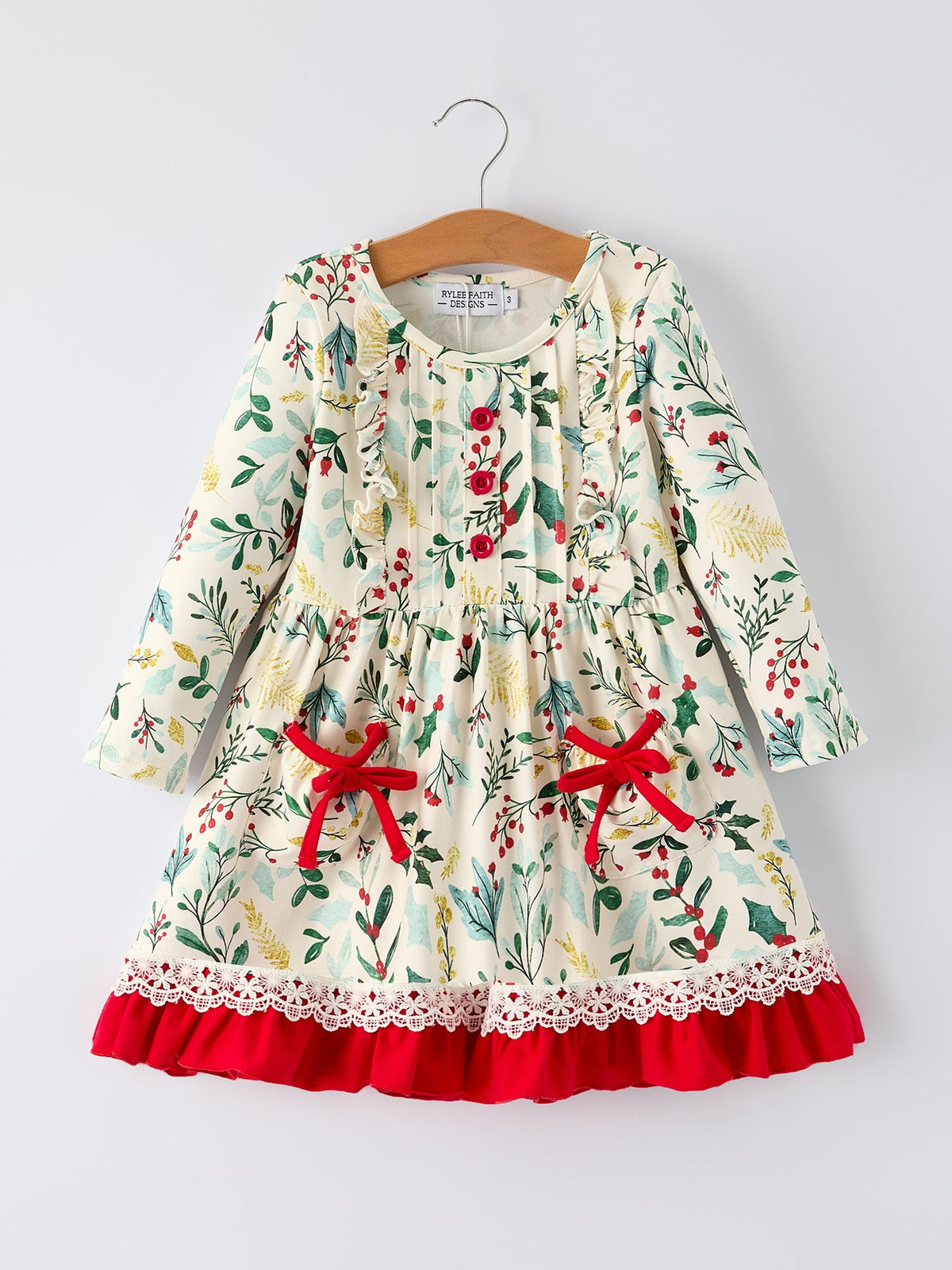 Toddler Girls Christmas Dress – Holiday Floral Print Outfit with Pockets - Rylee Faith Designs - Flyclothing LLC