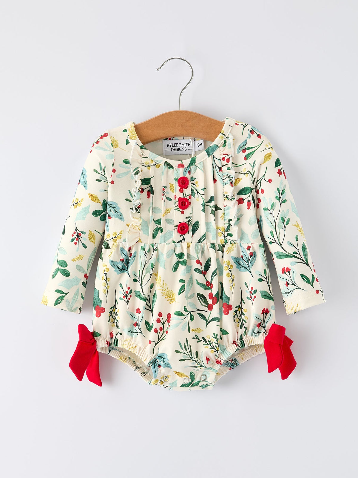 Baby Girls Christmas Romper – Holiday Bow Long Sleeve Outfit - Rylee Faith Designs - Flyclothing LLC