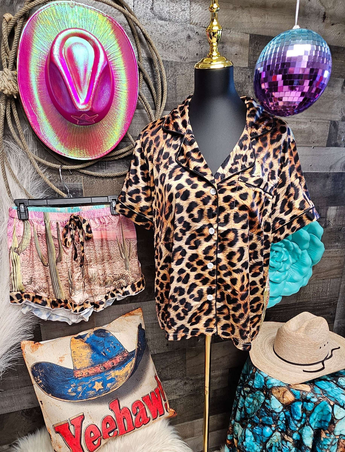 Baha Ranch Retro Pop Western Leopard Desert Cowgirl Satin Pajamas - Baha Ranch Western Wear - Flyclothing LLC