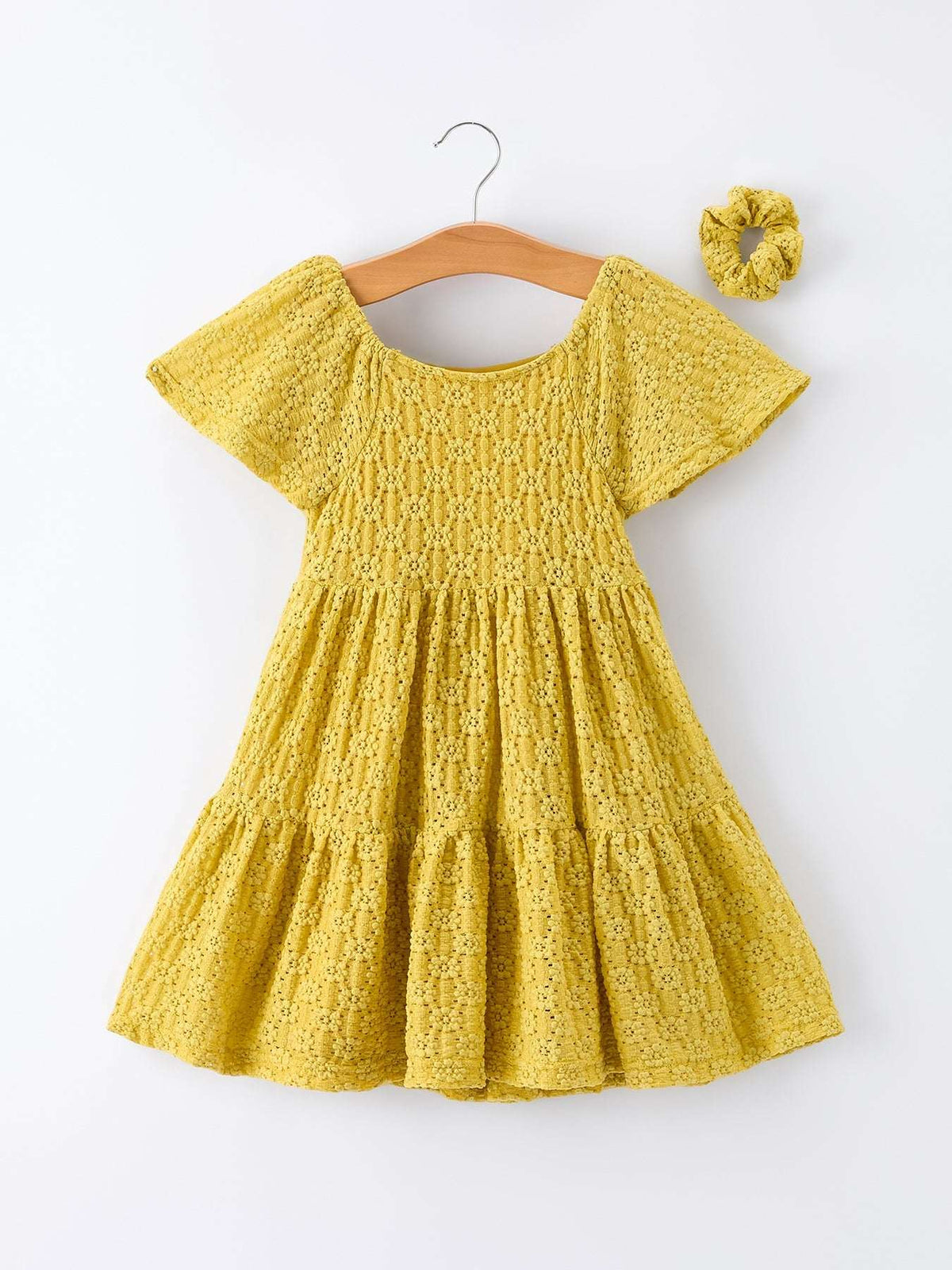 Spring Solid Girls Lace Tiered Dress With Scrunchie