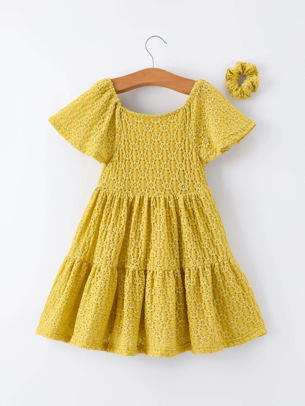 Spring Solid Girls Lace Tiered Dress With Scrunchie
