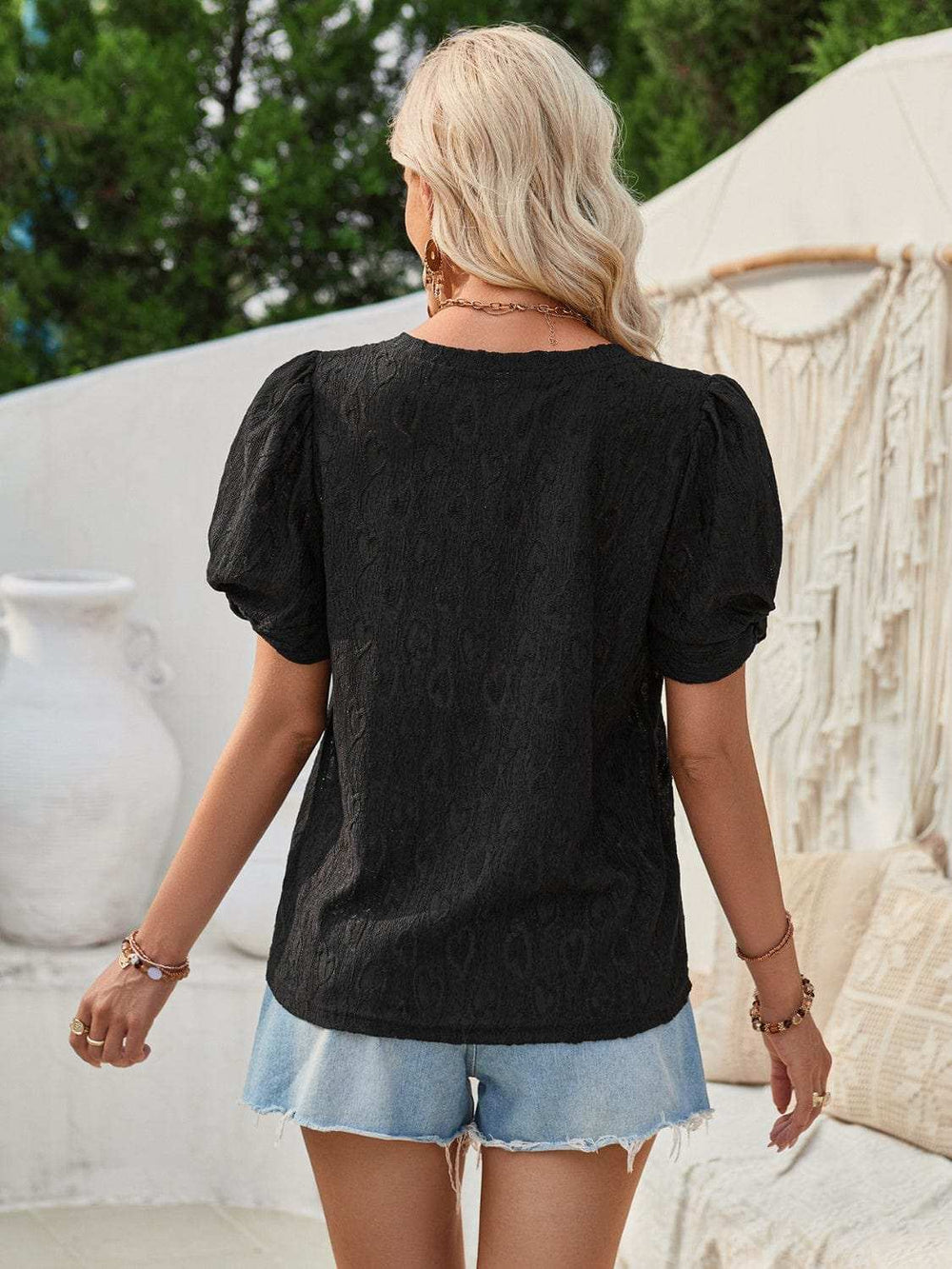 Twisted Heart V-Neck Short Sleeve Blouse - Trendsi - Flyclothing LLC