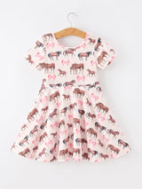 Girls Western Horse Print Twirl Dress Short Sleeve