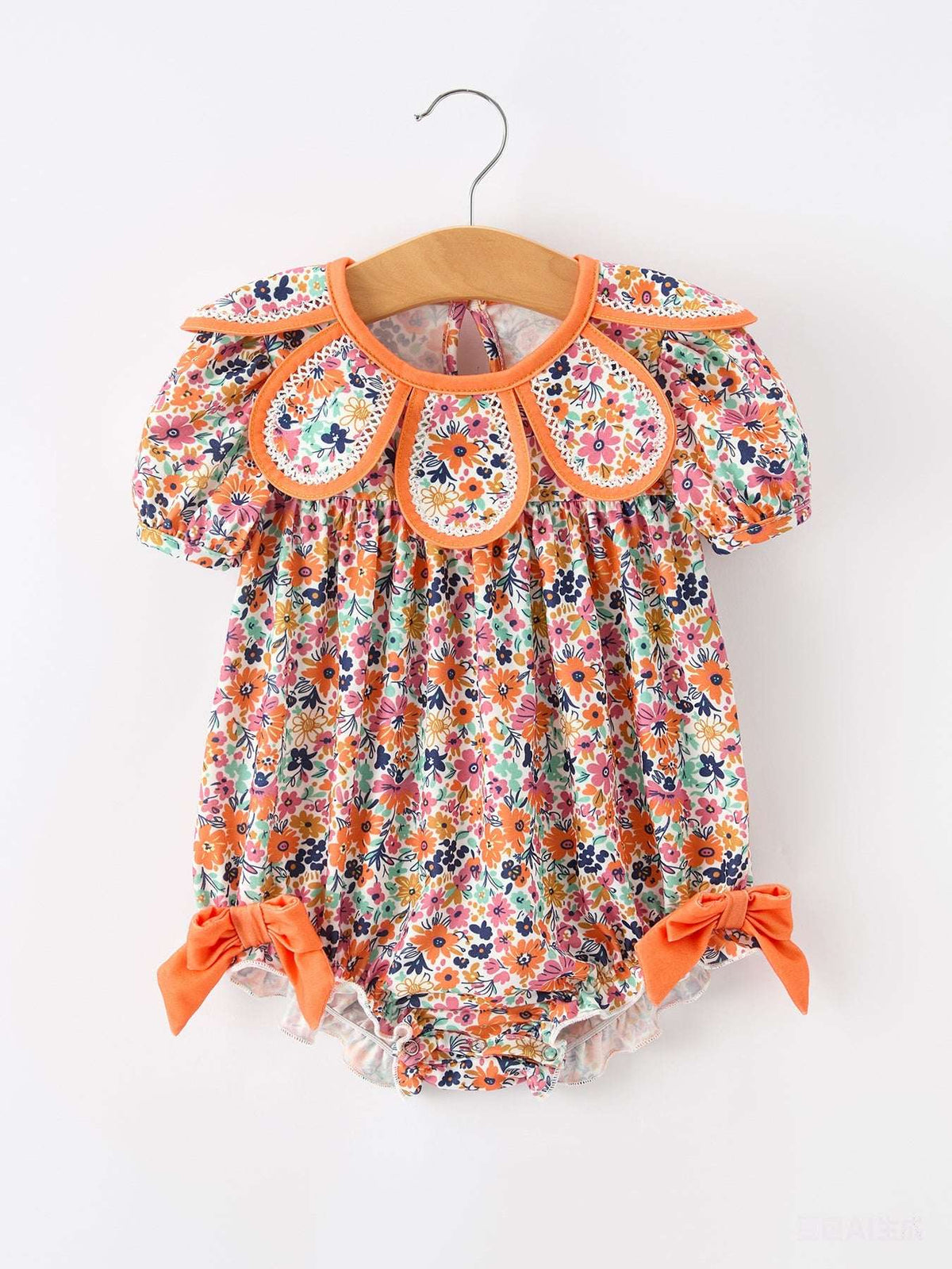 Orange Floral Bow Petals Collar Girls Romper - Rylee Faith Designs - Flyclothing LLC