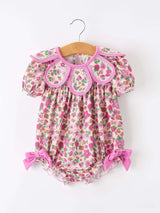 Pink Floral Bow Petals Collar Girls Romper