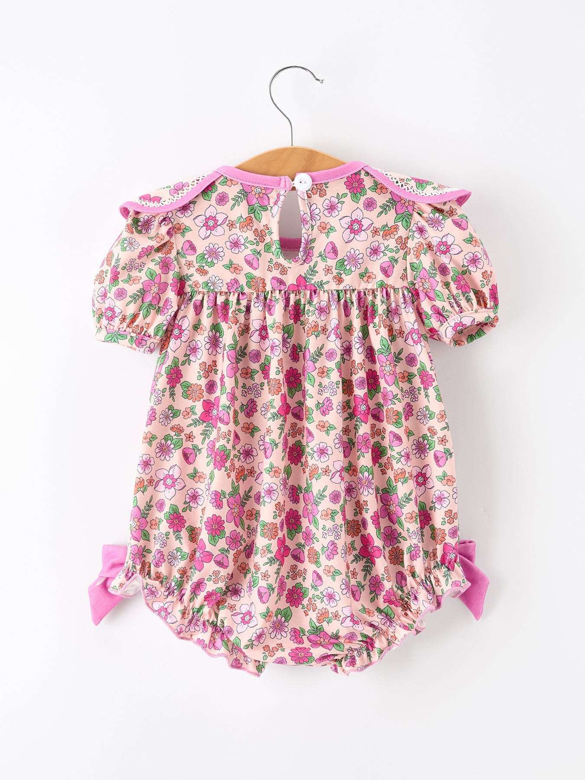 Pink Floral Bow Petals Collar Girls Romper