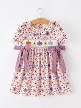 Halloween Thanksgiving Pumpkin Floral Bow Girls Dress