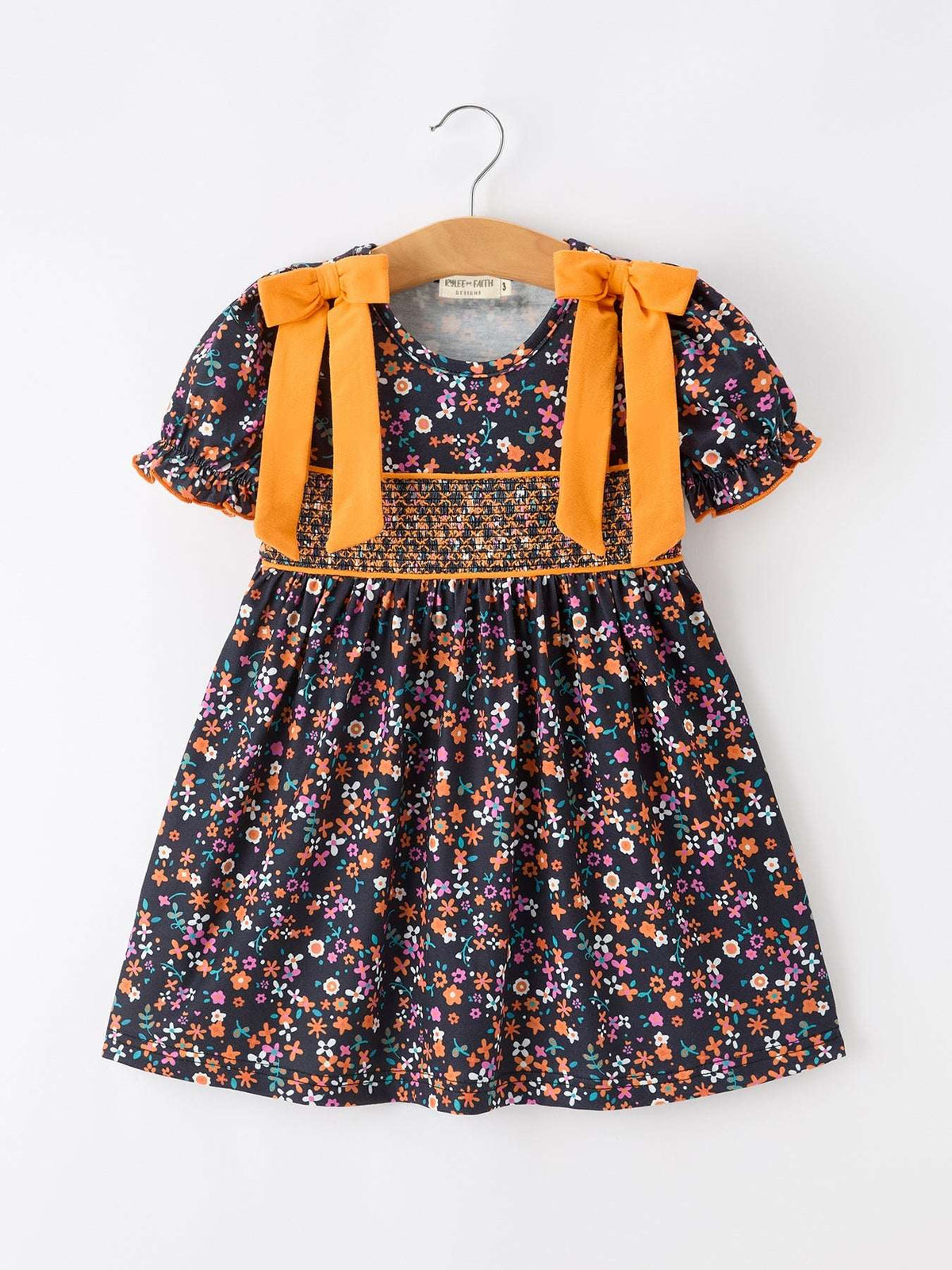 Fall Orange Bow Smocked Floral Girl Dress - Rylee Faith Designs - Flyclothing LLC