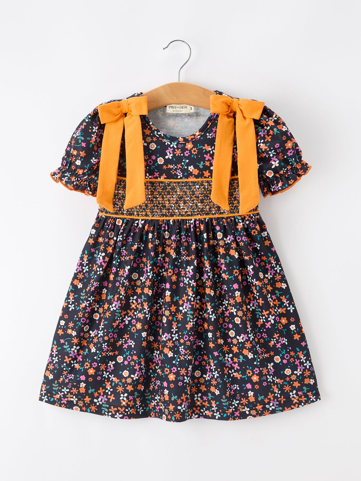 Fall Orange Bow Smocked Floral Girl Dress - Rylee Faith Designs - Flyclothing LLC