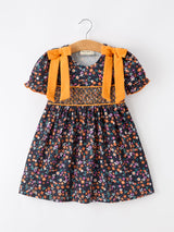 Fall Orange Bow Smocked Floral Girl Dress - Rylee Faith Designs - Flyclothing LLC