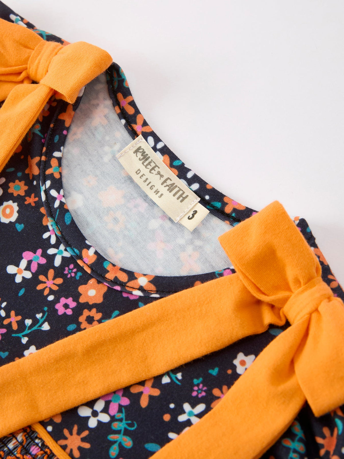 Fall Orange Bow Smocked Floral Girl Dress - Rylee Faith Designs - Flyclothing LLC