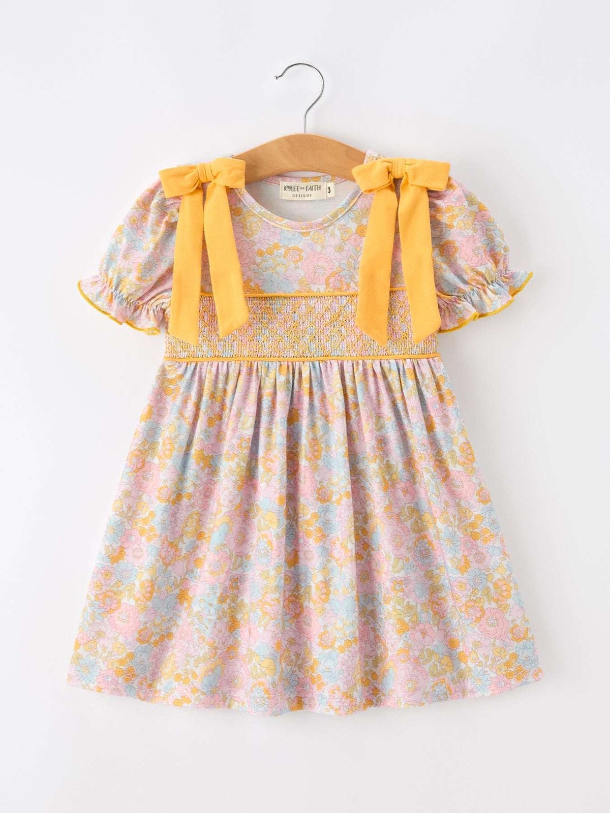 Yellow Bow Smocked Floral Girl Dress - Rylee Faith Designs - Flyclothing LLC
