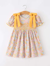 Yellow Bow Smocked Floral Girl Dress - Rylee Faith Designs - Flyclothing LLC