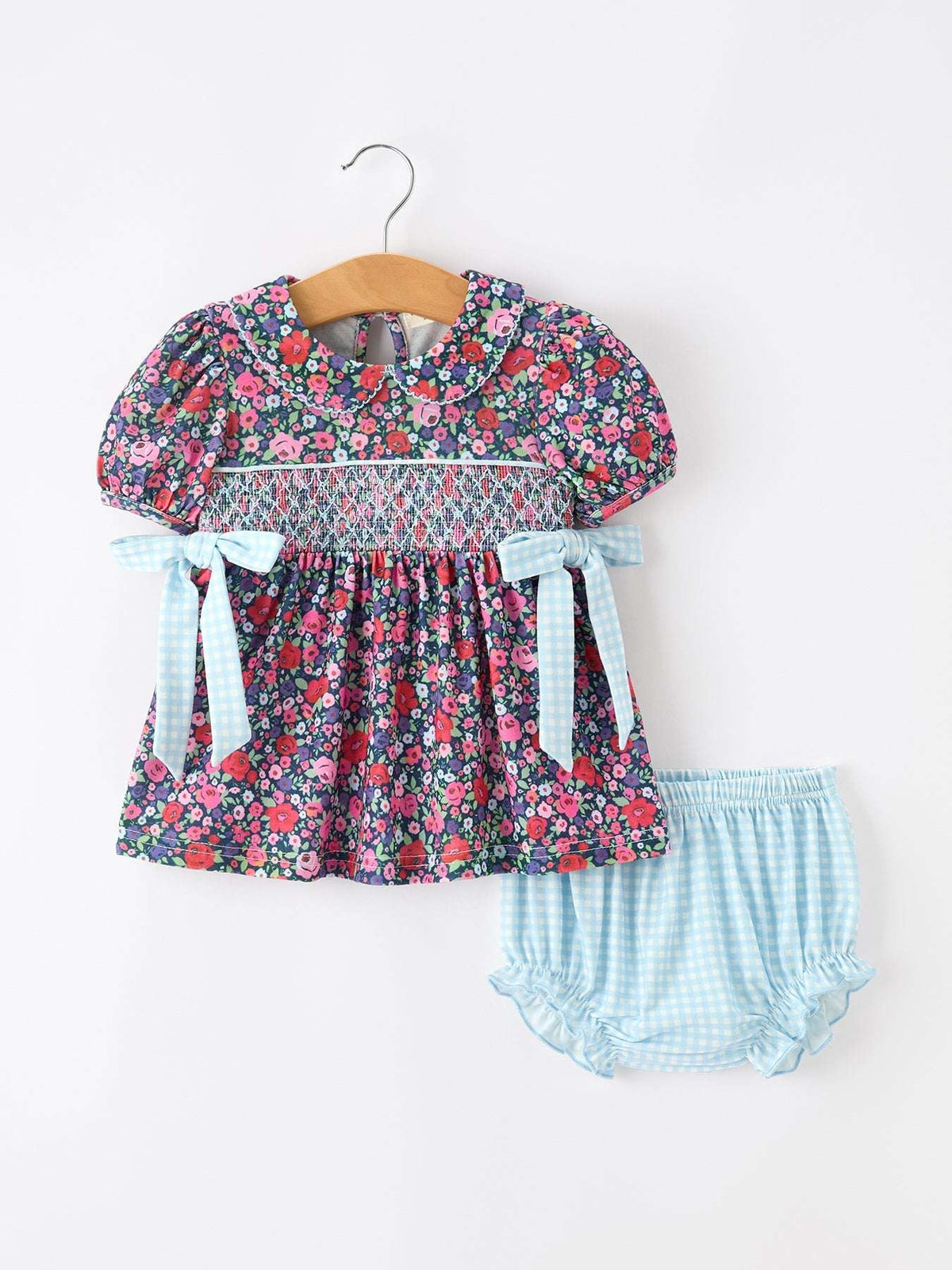 Blue Bow Floral Smocked Girl Bloomer Set - Rylee Faith Designs - Flyclothing LLC