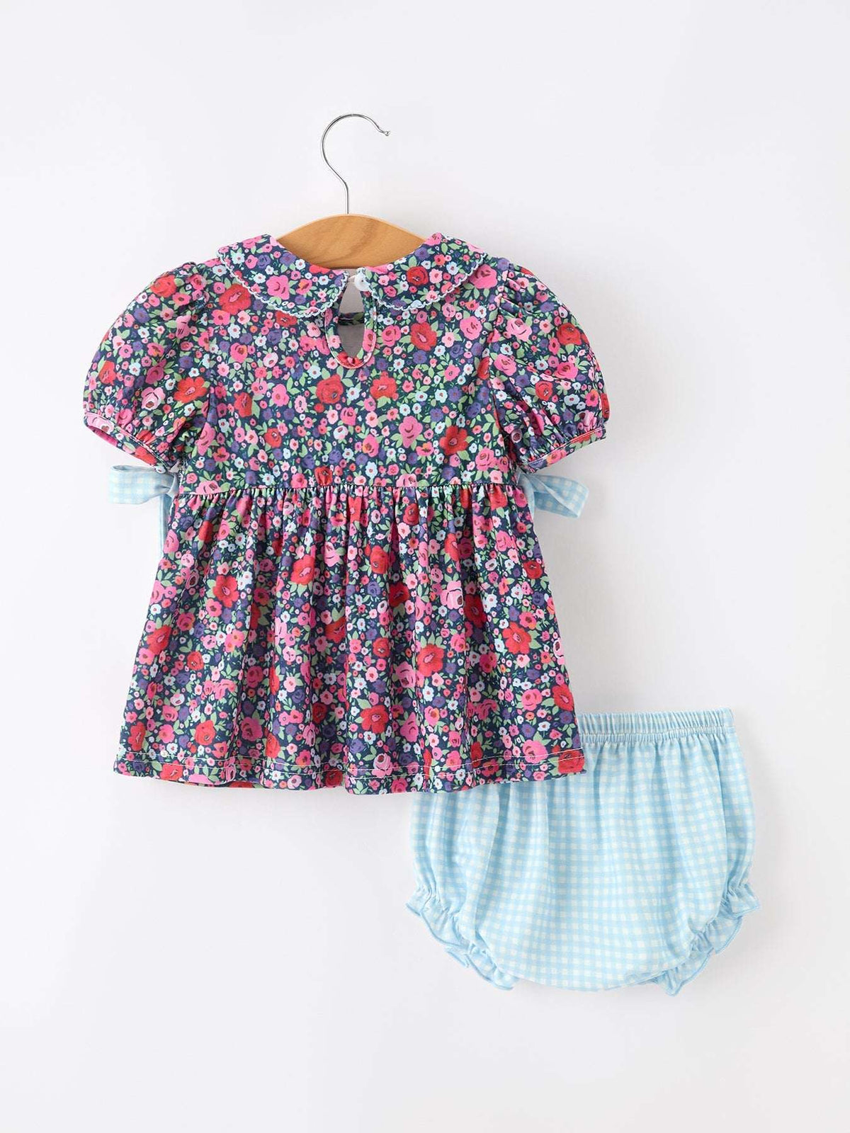 Blue Bow Floral Smocked Girl Bloomer Set - Rylee Faith Designs - Flyclothing LLC