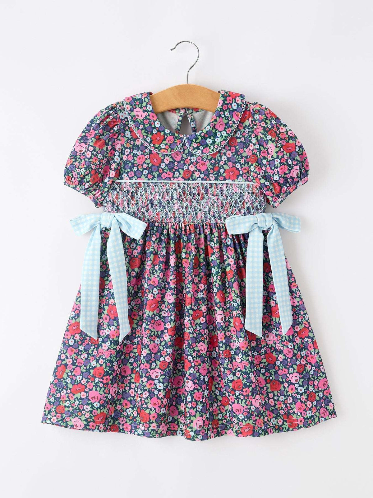 Blue Bow Smocked Floral Girl Dress