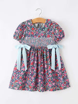 Blue Bow Smocked Floral Girl Dress