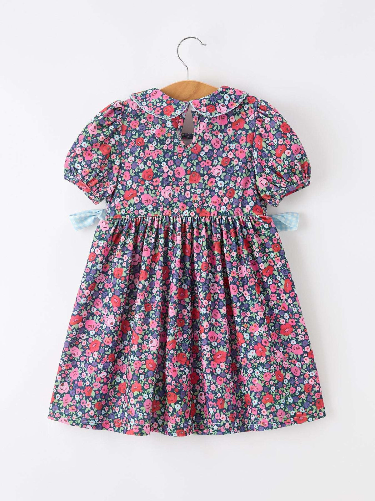 Blue Bow Smocked Floral Girl Dress