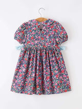 Blue Bow Smocked Floral Girl Dress