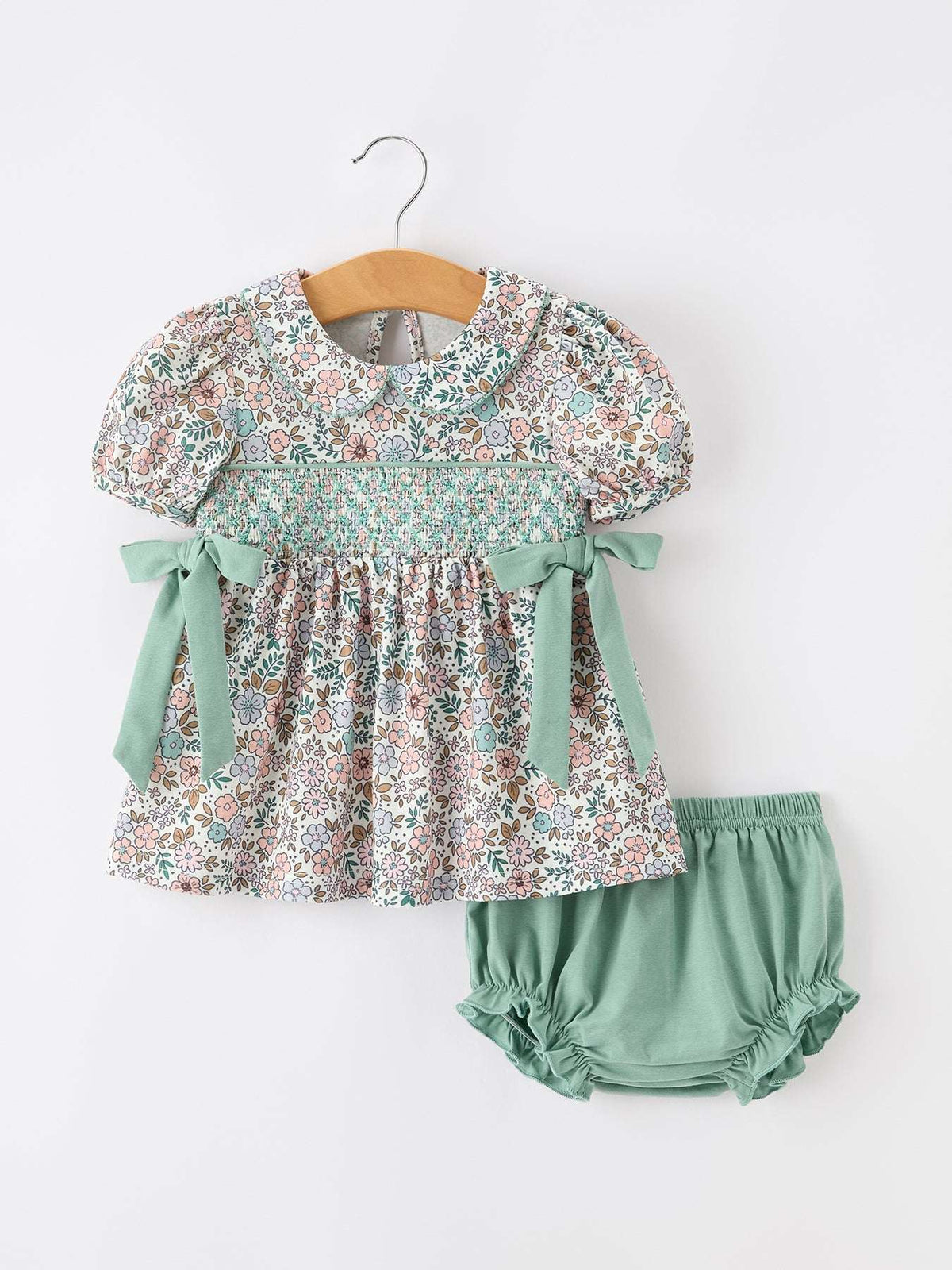 Sage Green Floral Smocked Girl Bloomer Set - Rylee Faith Designs - Flyclothing LLC