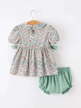 Sage Green Floral Smocked Girl Bloomer Set - Rylee Faith Designs - Flyclothing LLC