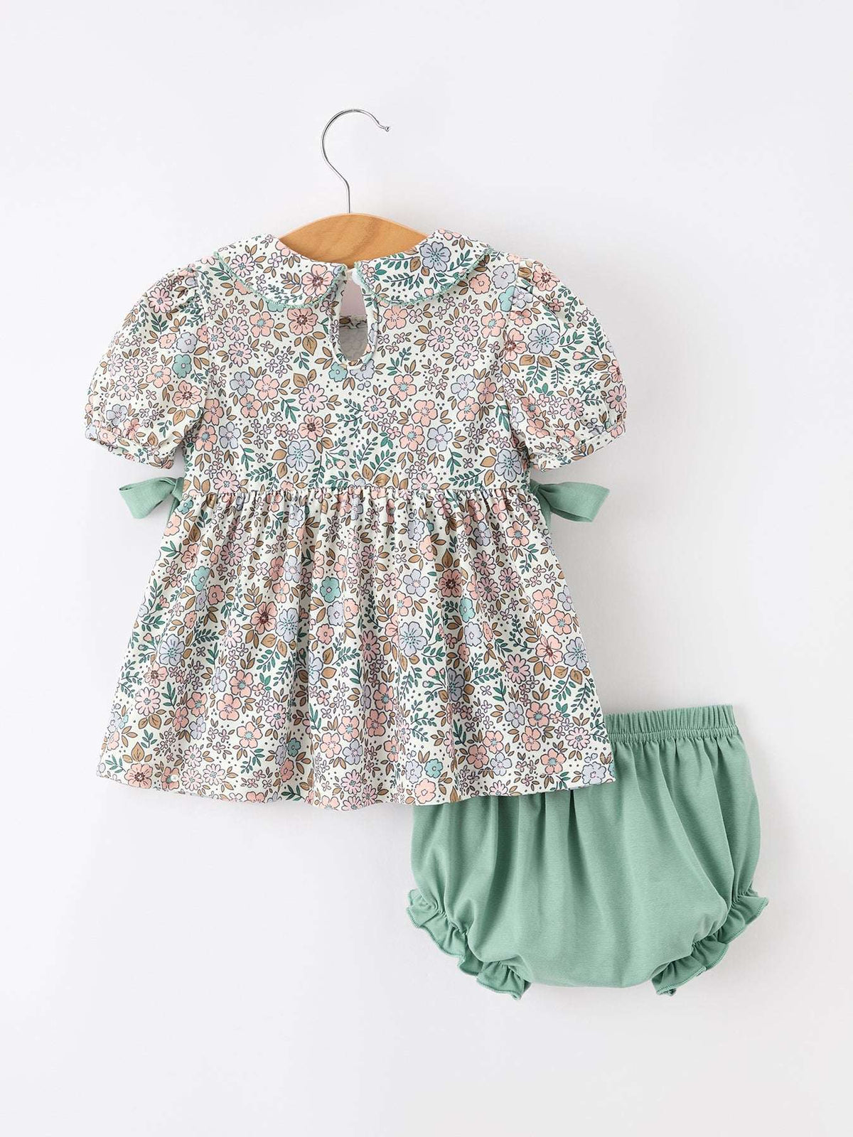 Sage Green Floral Smocked Girl Bloomer Set - Rylee Faith Designs - Flyclothing LLC