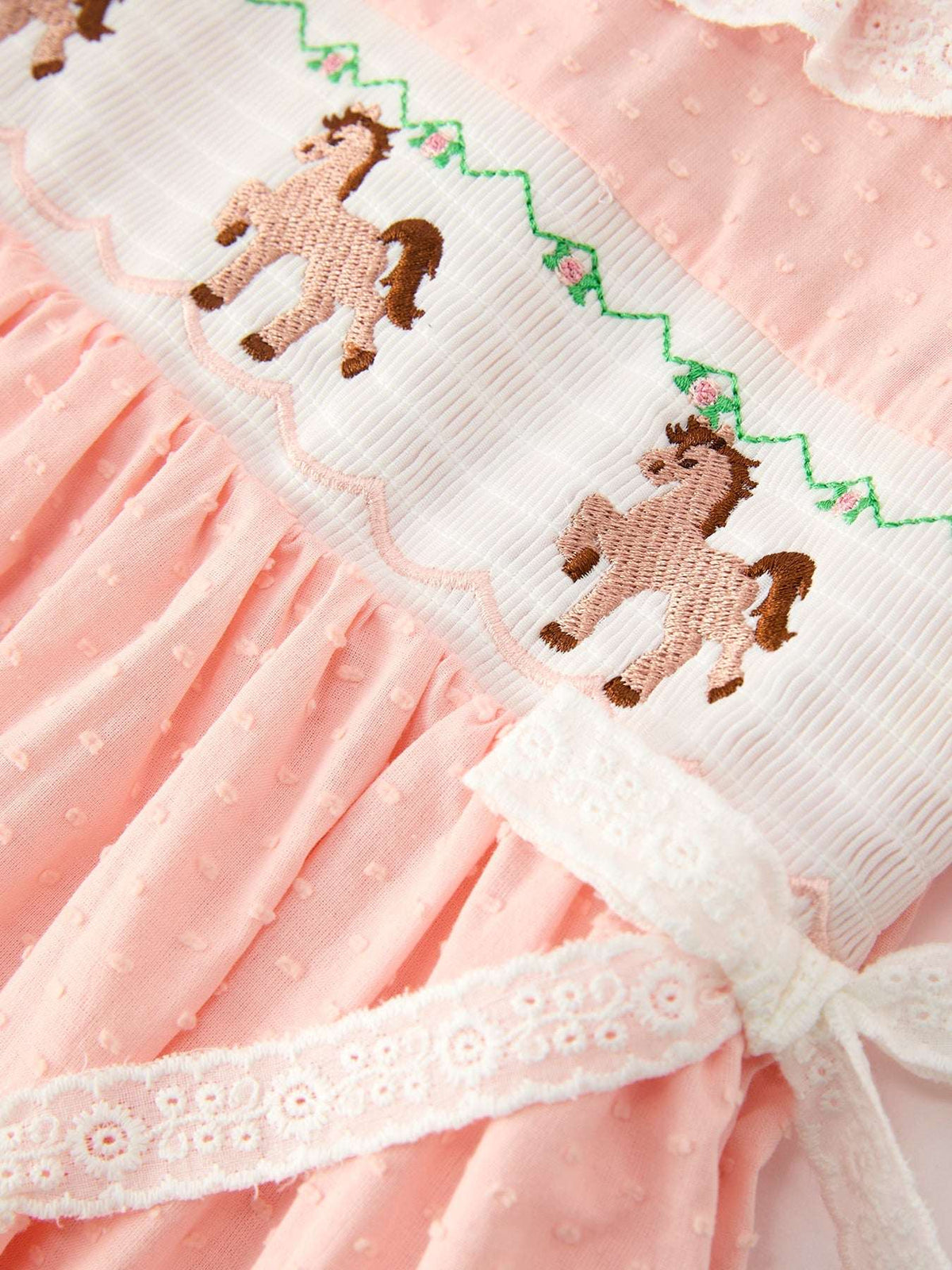 Western Horse Embroidery Girls Dress Lace Petals Collar Puff Sleeve - Rylee Faith Designs - Flyclothing LLC