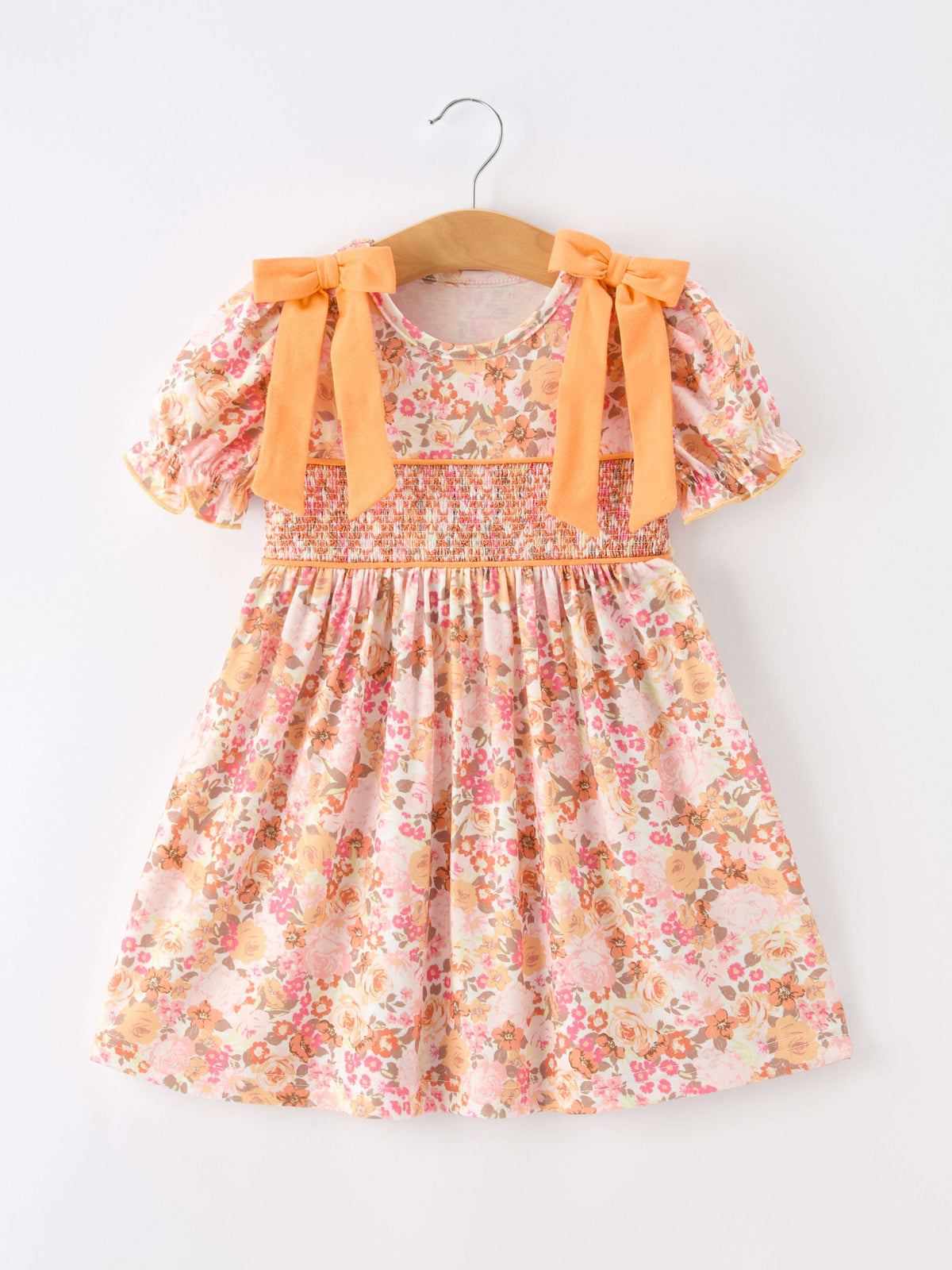 Peach Bow Smocked Floral Girl Dress