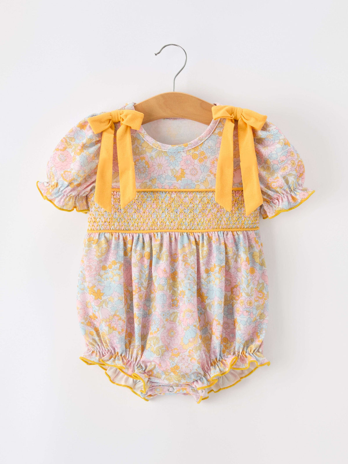 Yellow Bow Smocked Floral Baby Bubble - Rylee Faith Designs - Flyclothing LLC