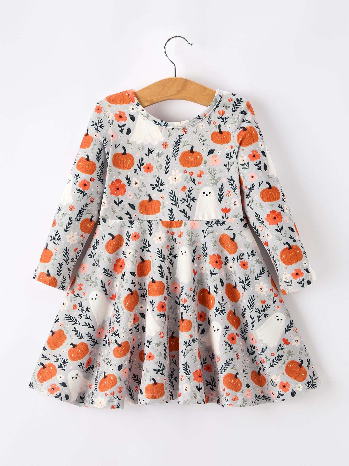 Halloween Pumpkin Ghost Girls Dress Long Sleeve Twirl Dress