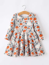 Halloween Pumpkin Ghost Girls Dress Long Sleeve Twirl Dress