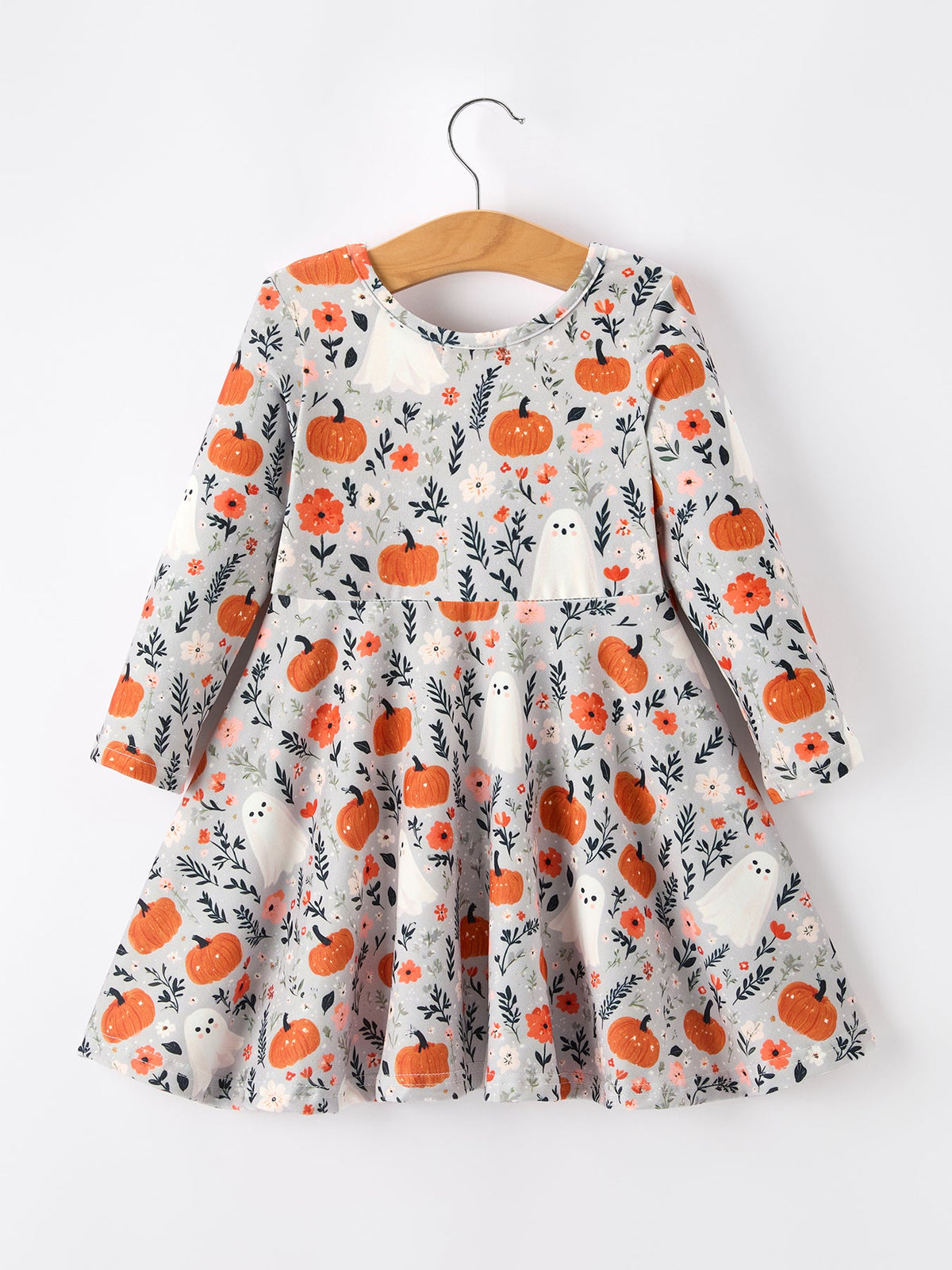 Halloween Pumpkin Ghost Girls Dress Long Sleeve Twirl Dress - Rylee Faith Designs - Flyclothing LLC