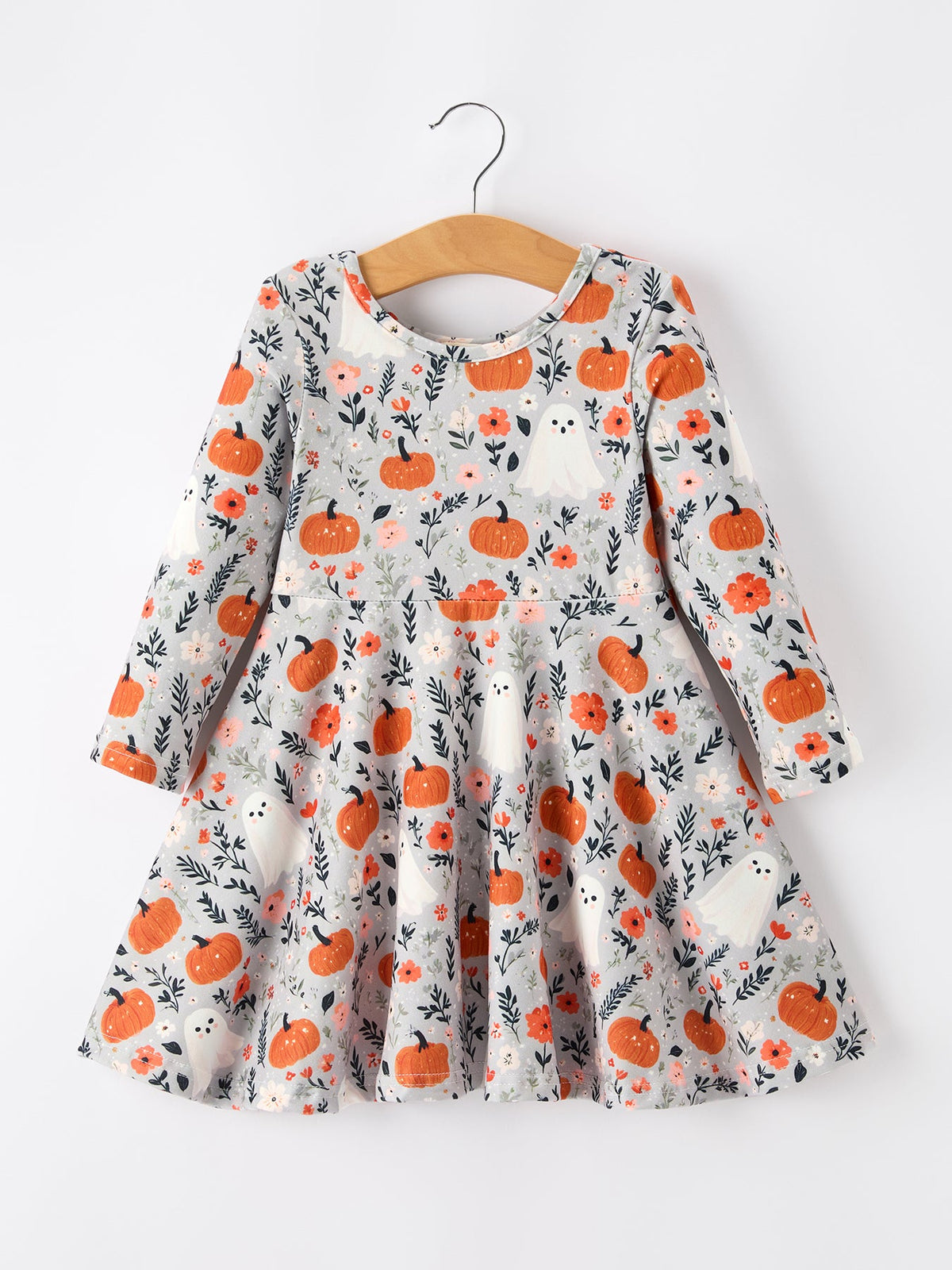 Halloween Pumpkin Ghost Girls Dress Long Sleeve Twirl Dress - Rylee Faith Designs - Flyclothing LLC