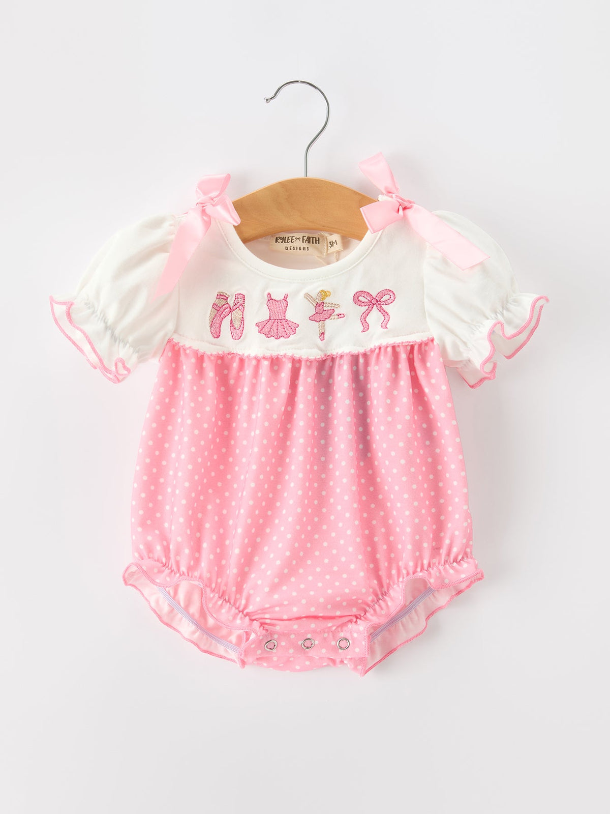 Fall Pink Ballet Embroidery Bow Bubble Romper - Rylee Faith Designs - Flyclothing LLC