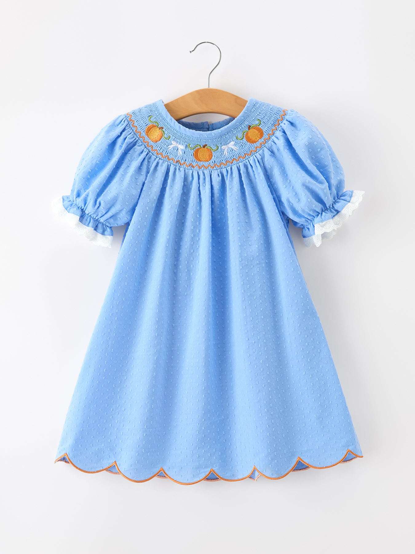 Blue Fall Thanksgiving&Halloween Pumpkin Smock Embroidery Lace Baby Girl Dress