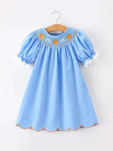 Blue Fall Thanksgiving&Halloween Pumpkin Smock Embroidery Lace Baby Girl Dress