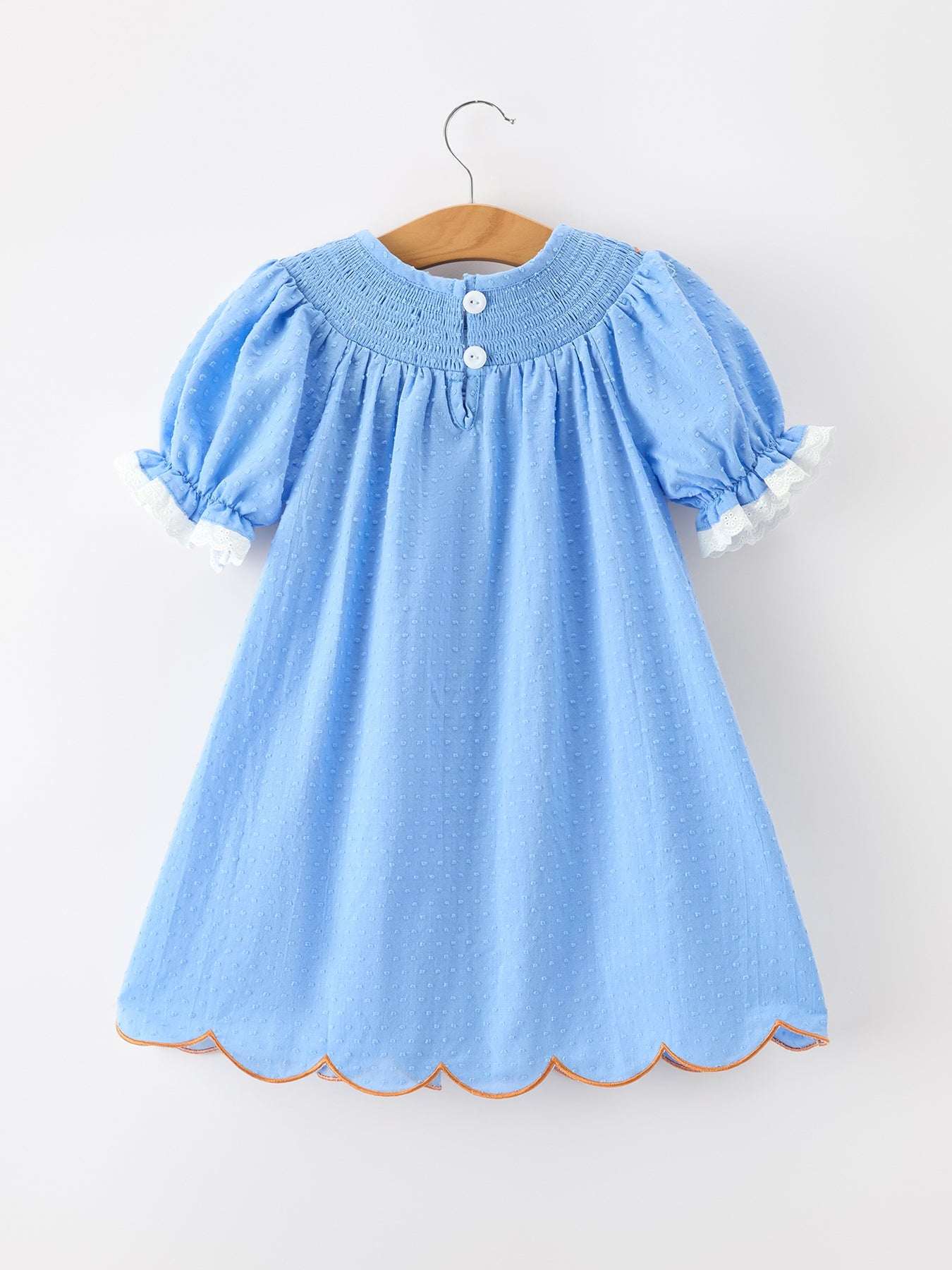 Blue Fall Thanksgiving&Halloween Pumpkin Smock Embroidery Lace Baby Girl Dress
