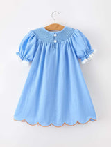 Blue Fall Thanksgiving&Halloween Pumpkin Smock Embroidery Lace Baby Girl Dress