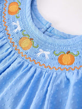 Blue Fall Thanksgiving&Halloween Pumpkin Smock Embroidery Lace Baby Girl Dress