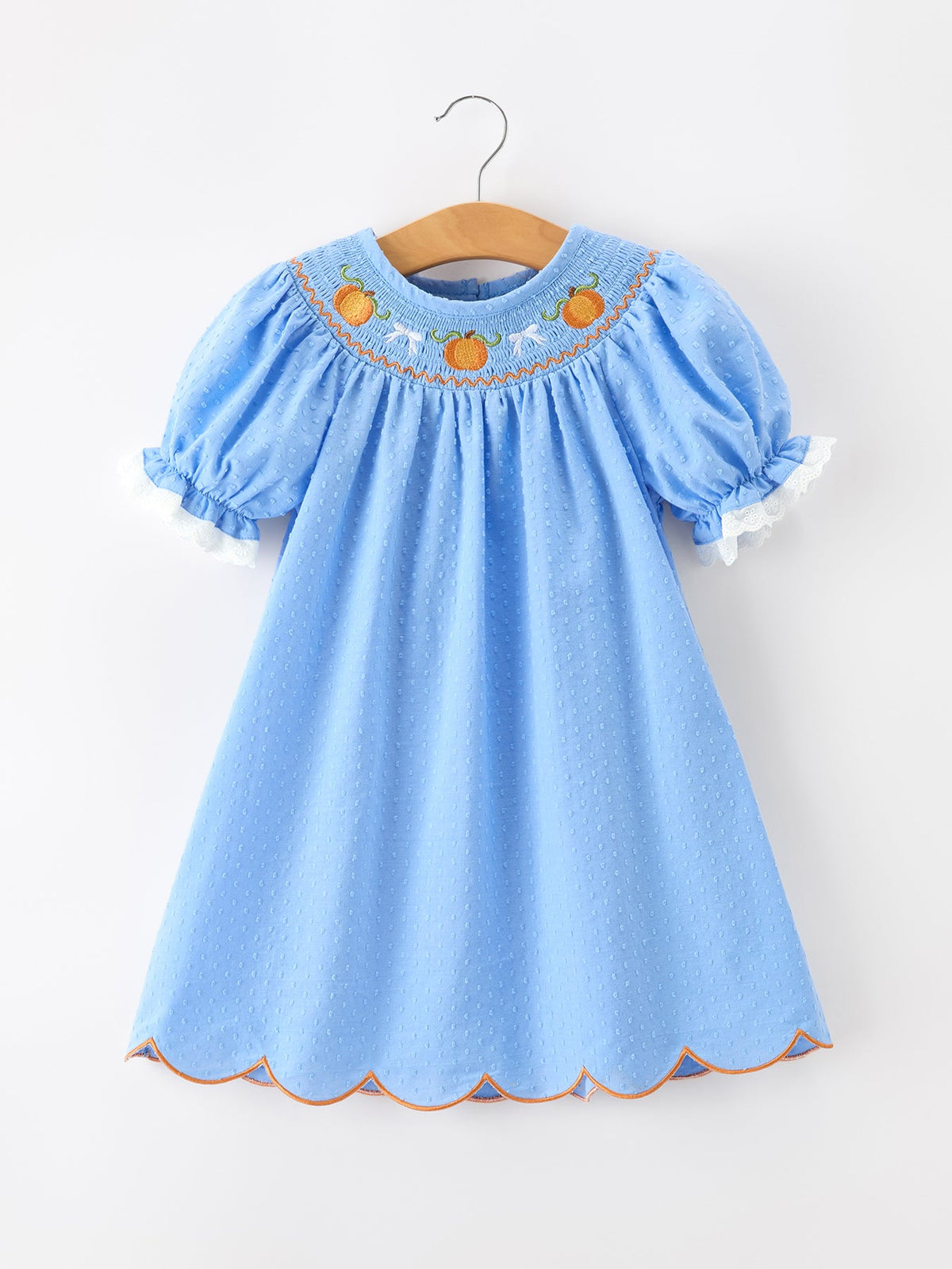 Blue Fall Thanksgiving&Halloween Pumpkin Smock Embroidery Lace Baby Girl Dress - Rylee Faith Designs - Flyclothing LLC