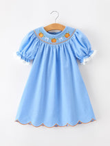 Blue Fall Thanksgiving&Halloween Pumpkin Smock Embroidery Lace Baby Girl Dress - Rylee Faith Designs - Flyclothing LLC