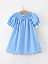 Blue Fall Thanksgiving&Halloween Pumpkin Smock Embroidery Lace Baby Girl Dress - Rylee Faith Designs - Flyclothing LLC