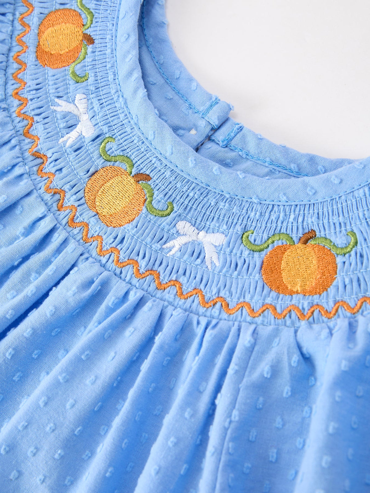 Blue Fall Thanksgiving&Halloween Pumpkin Smock Embroidery Lace Baby Girl Dress - Rylee Faith Designs - Flyclothing LLC