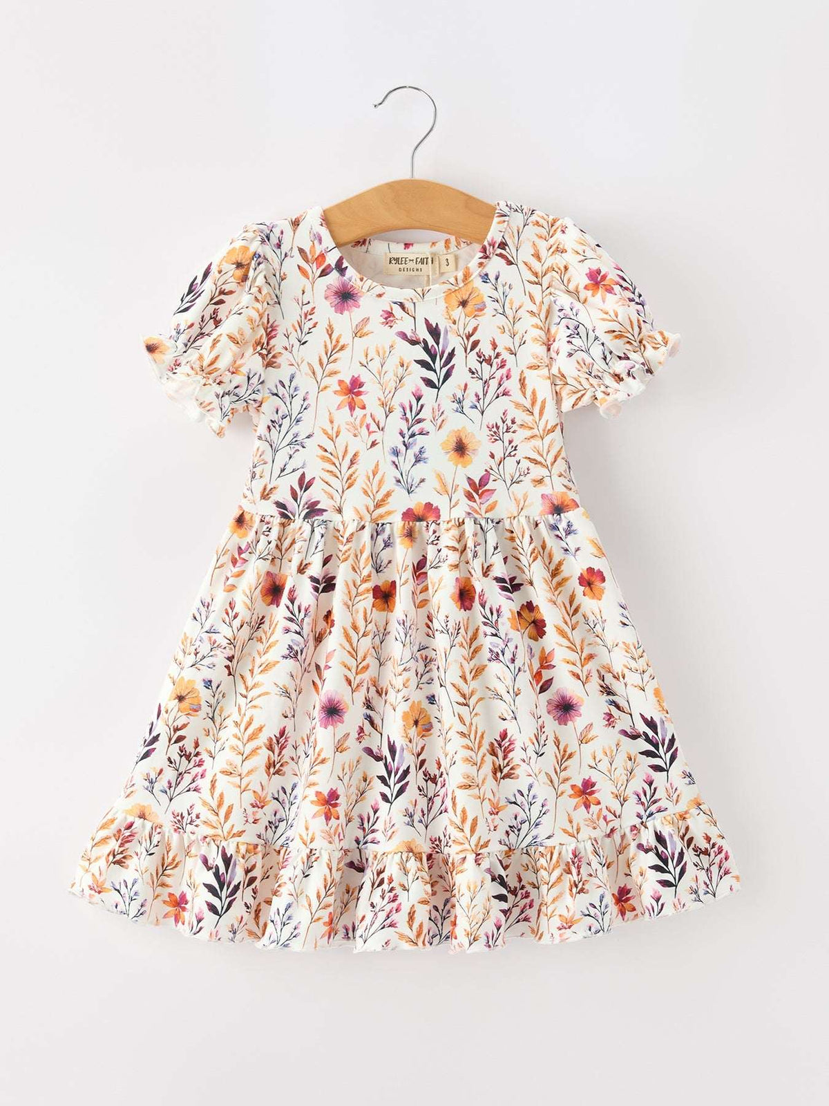 Fall Floral Puff Sleeve Ruffle Girls Dress