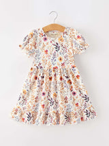 Fall Floral Puff Sleeve Ruffle Girls Dress