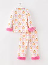 Halloween Thanksgiving Pumpkin Bow Fur Pajama Set - Rylee Faith Designs - Flyclothing LLC