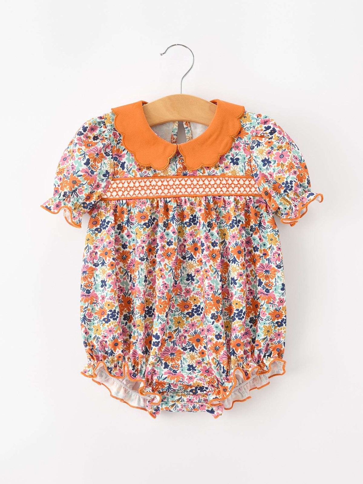 Fall Floral Smocked Petals Collar Girls Bubble Romper